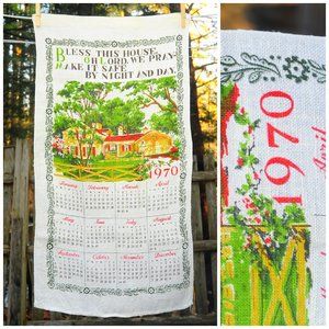 VTG 1970 'Bless This House' Calendar Towel Country House in Summer Housewarming